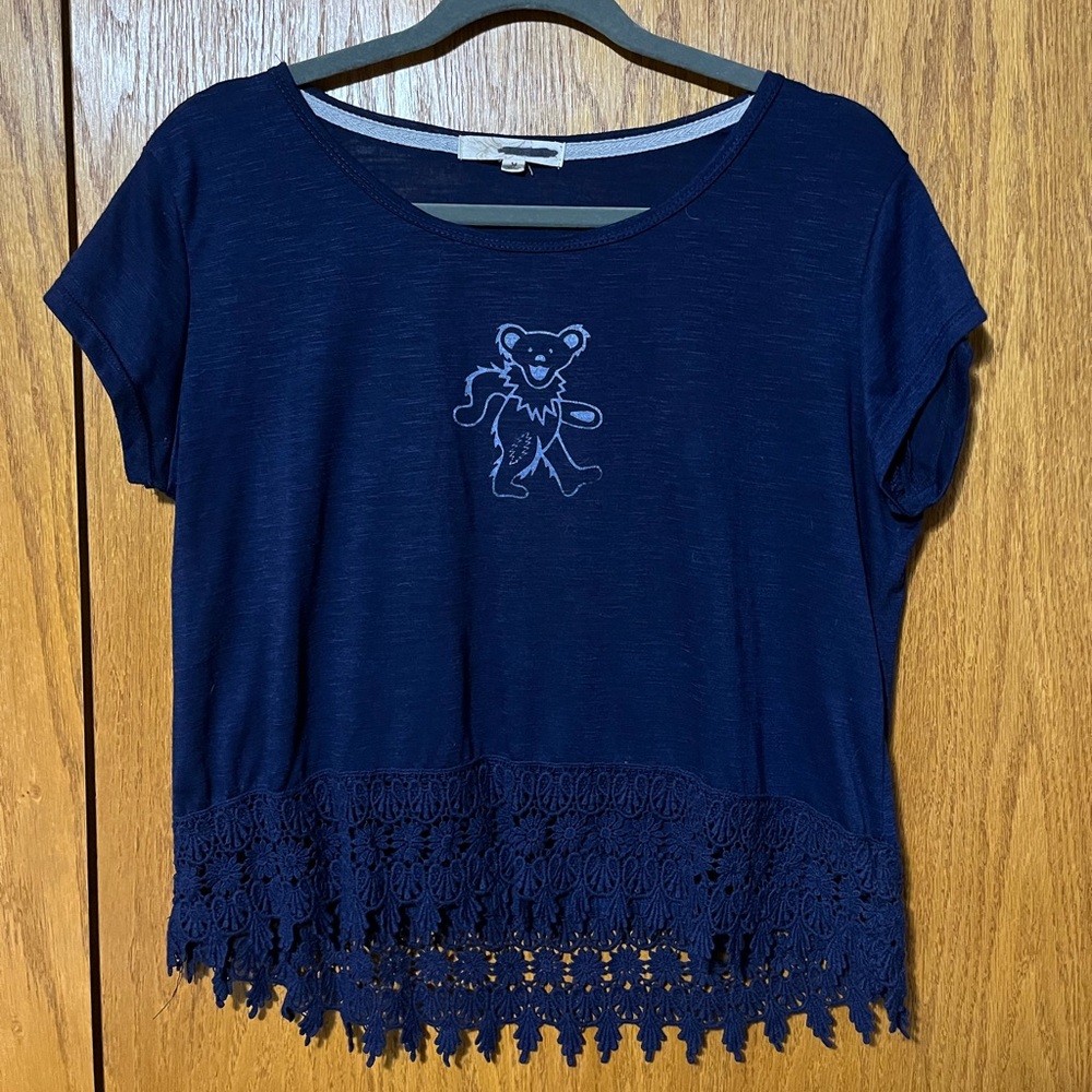 Navy Blue Top with a Grateful Dead Bear Design and Lace Hem